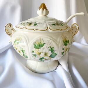 Vintage Floral Porcelain Tureen with Lid and Ladle - White and Gold Accent